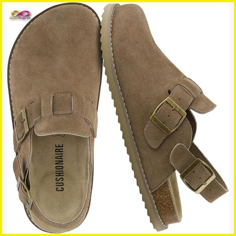 Genuine Suede Mules with Memory Foam Adjustable Buckle Clogs Comfortable Slides